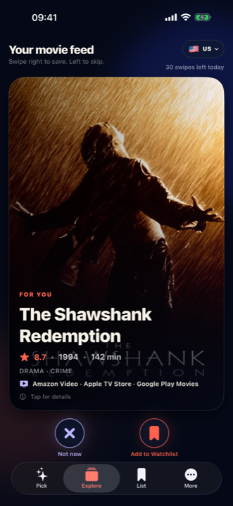 OneFilm swipe feed — full-screen film cards you save or skip