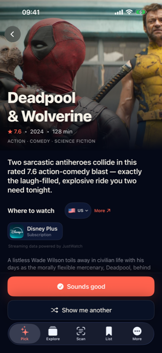 OneFilm result screen — a film with rating, the reason it fits, and where to watch